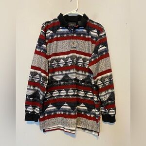 Roper Mens Large Long Sleeve Polo Aztec Southwest Pattern Red White Blue